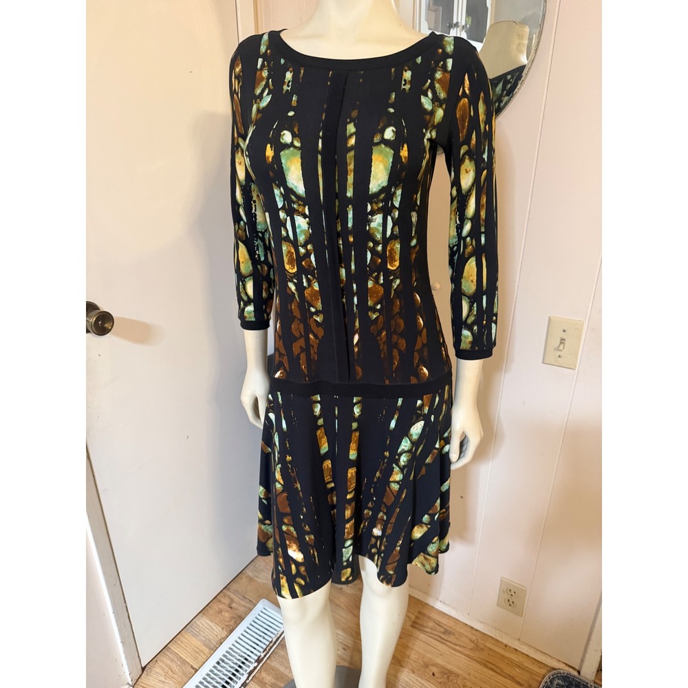 Eva Varro Drop Waist Stained Glass Pattern Stretchy Long Sleeved Dress Small